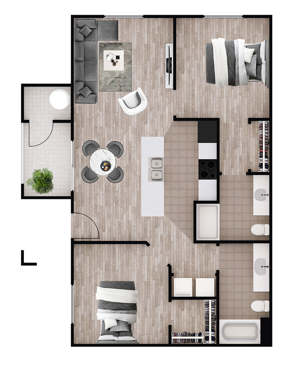 Floor plan for 2 beds, 2 baths, 989 sqft